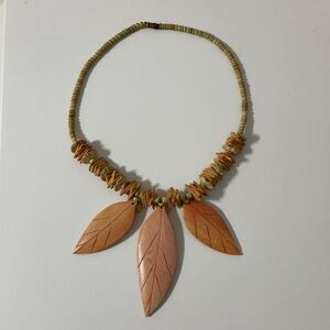 Carved Wooden Leaves Necklace Orange Beaded Bib Bohemian 1980s Vintage Autumn